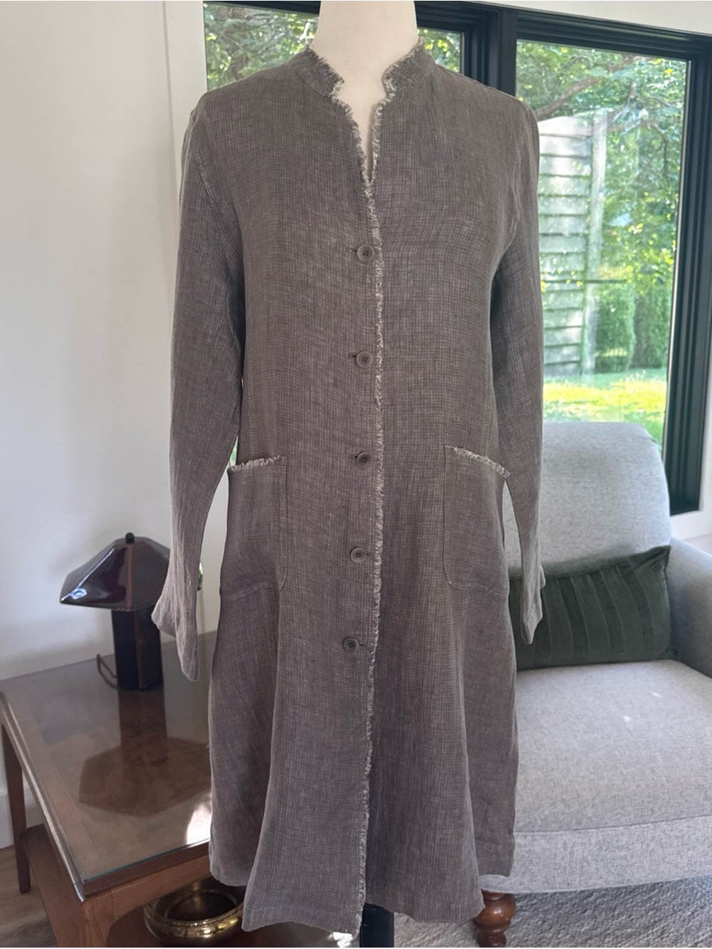 Eileen Fisher Irish Linen Long Jacket Large Coat Lagenlook Minimalist Neutral